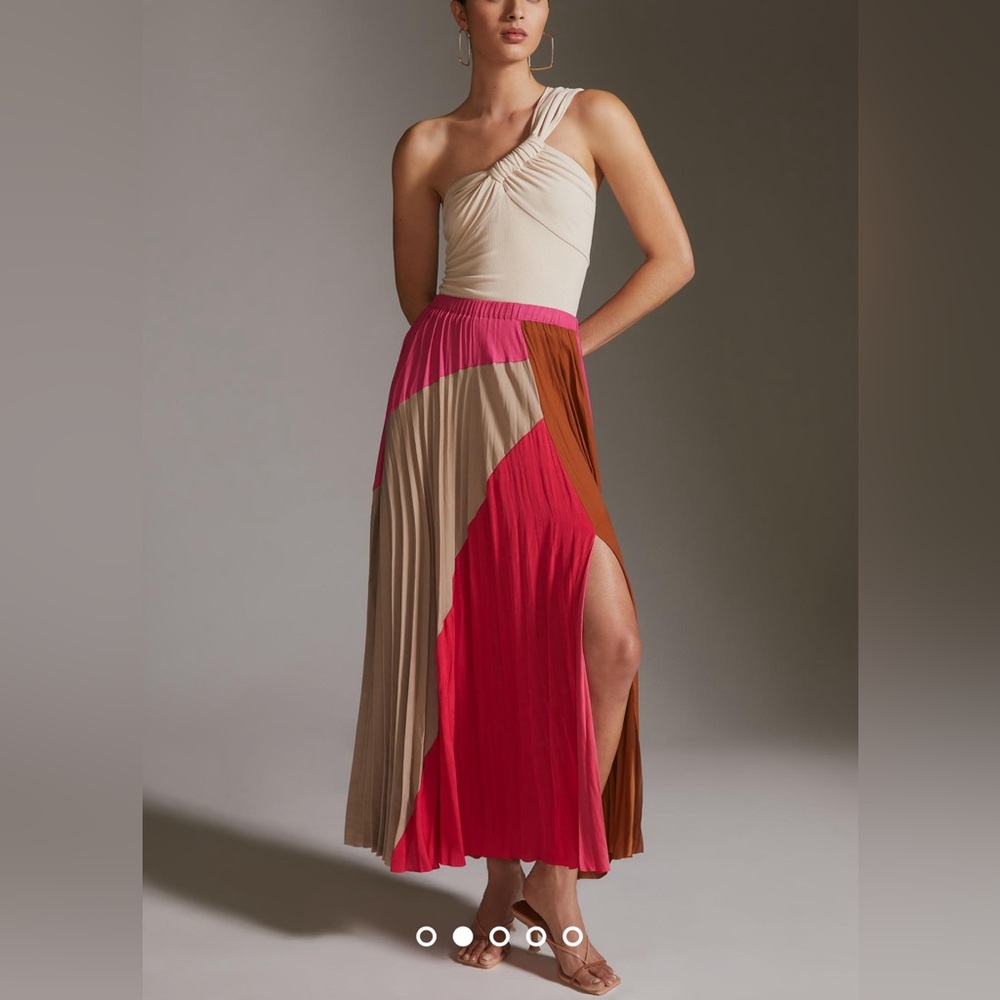 ANTHROPOLOGIE Dolan Pleated Pink Tan Maxi Skirt Left Coast Color-block XS